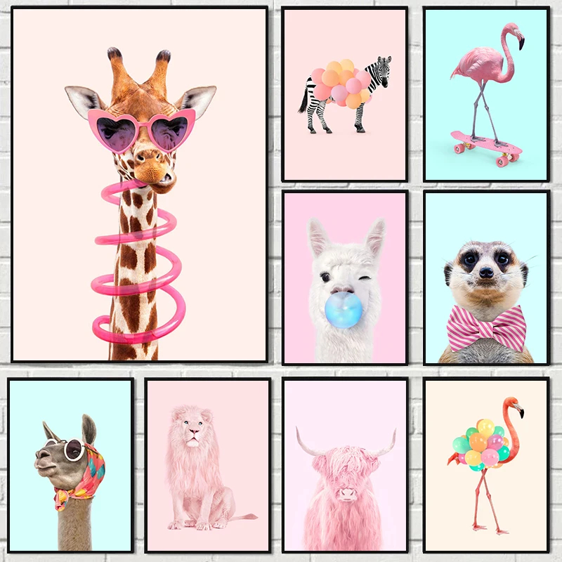 Art Craft Party - Lustiges Mode-Poster mit Giraffe, Zebra, Flamingo,