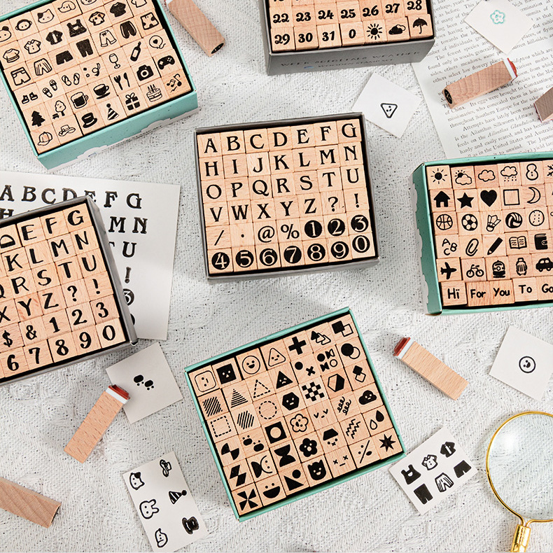 Rubber Stamp Blank - Niedliches Holz-Planer-Stempelset, Alphabet-Zahlen-Emoji Dekorative Stempel für