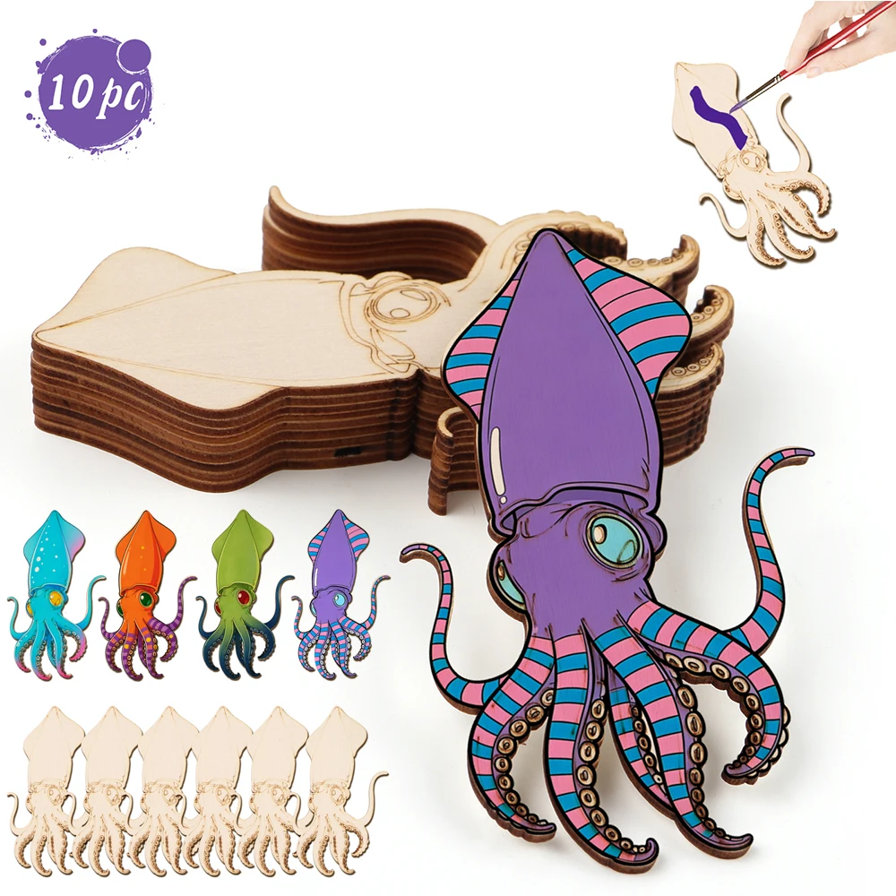 Art Crafts - 10 Stück/Set Unfertige Holz-Oktopus-Tierfiguren Holzhandwerk-Set für